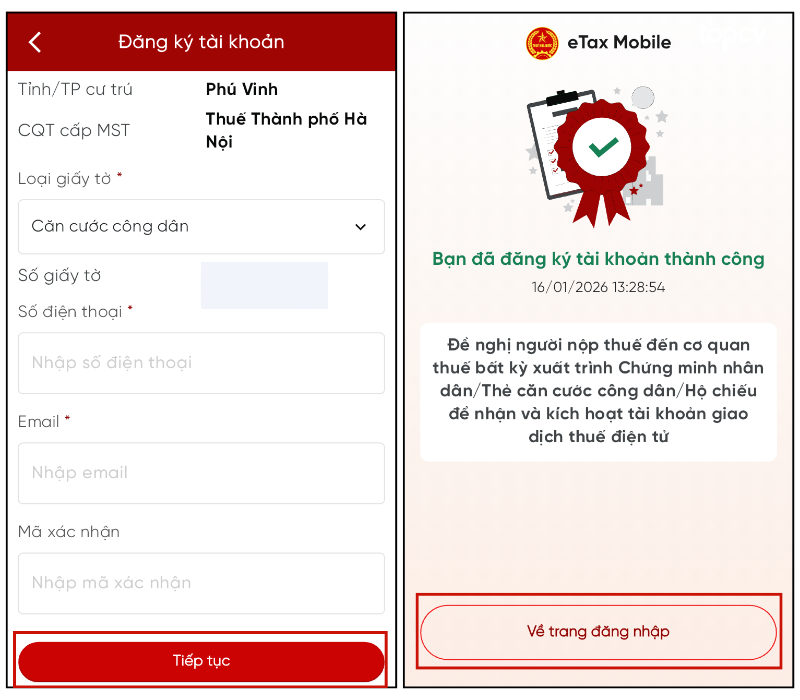 Đăng  ký tài khoản trên eTax Mobile